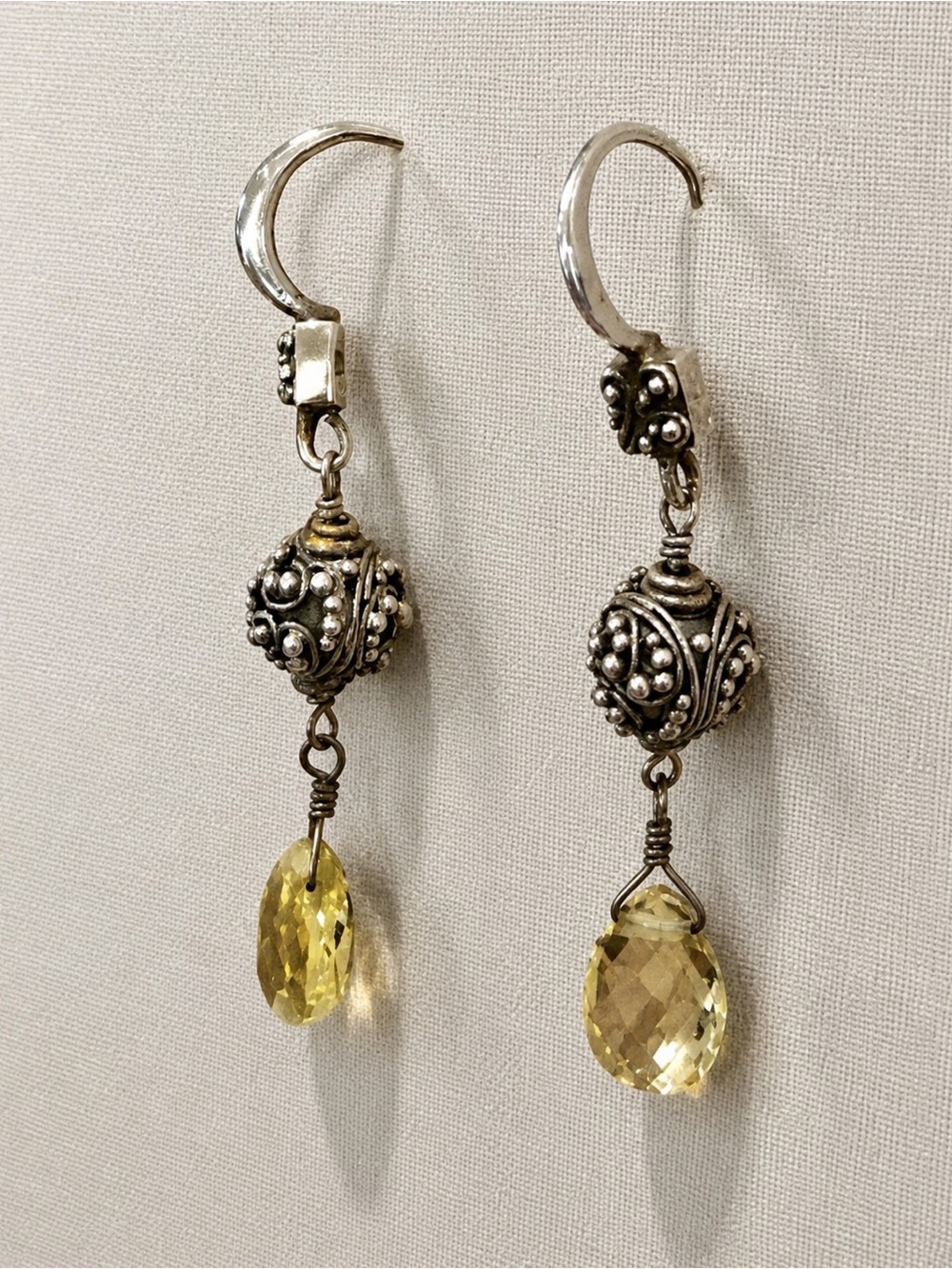 LOIS HILL Faceted Lemon Quartz Sterling Silver Granulated Oxidized Drop Earrings